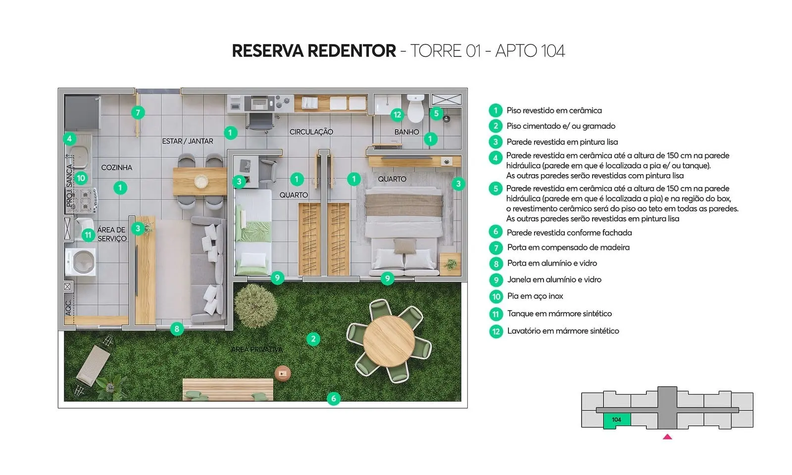 Planta garden 2 quartos 60 m2 Reserva Redentor