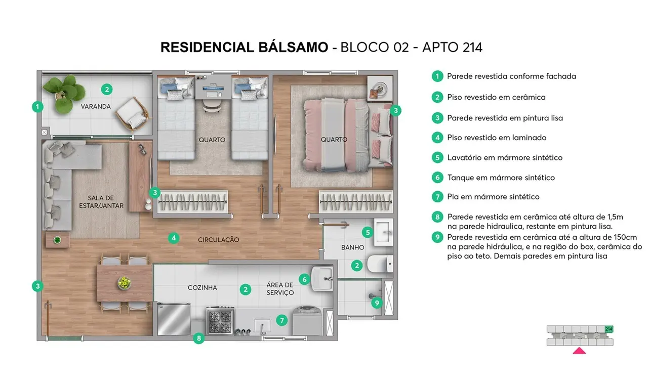Planta 2 quartos 44 m2 Residencial Balsamo