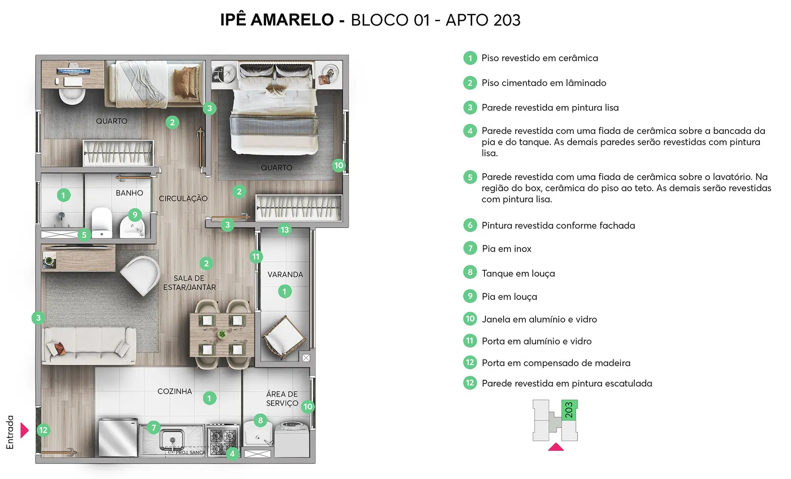 Planta 2 quartos 39 m2 Residencial Ipe Amarelo