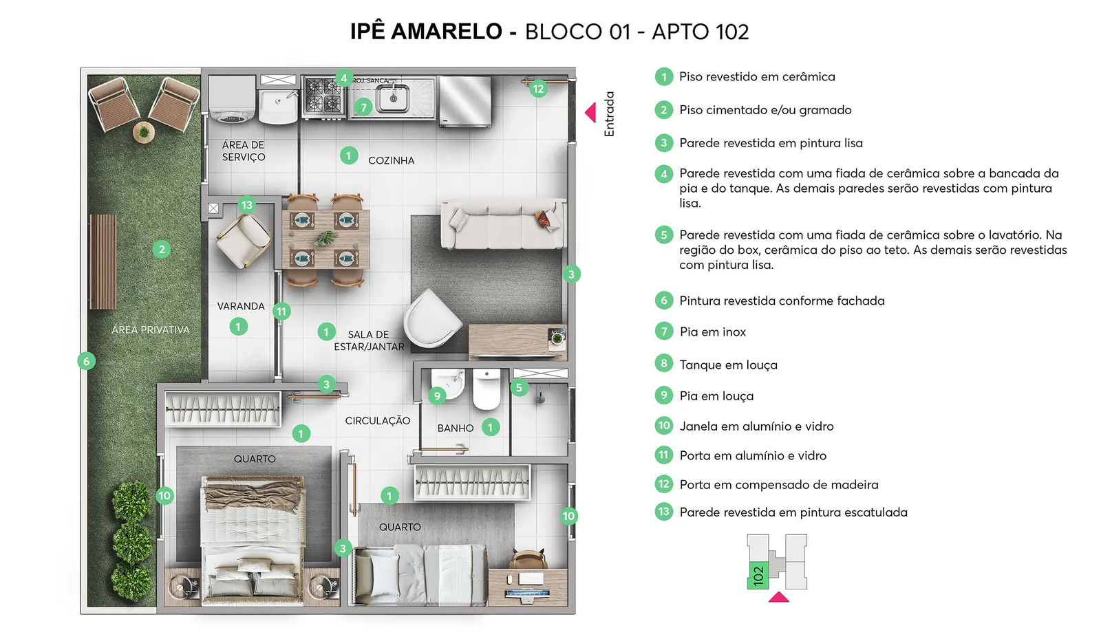 Planta garden 2 quartos 52 m2 Residencial Ipe Amarelo