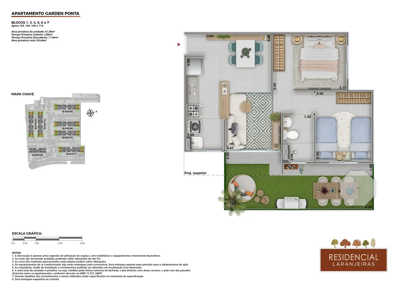 Planta garden 2 quartos 54 m2 Nova Residencial Laranjeiras