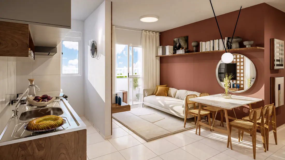 Sala e cozinha do apartamento decorado do Residencial Mar de Trindade