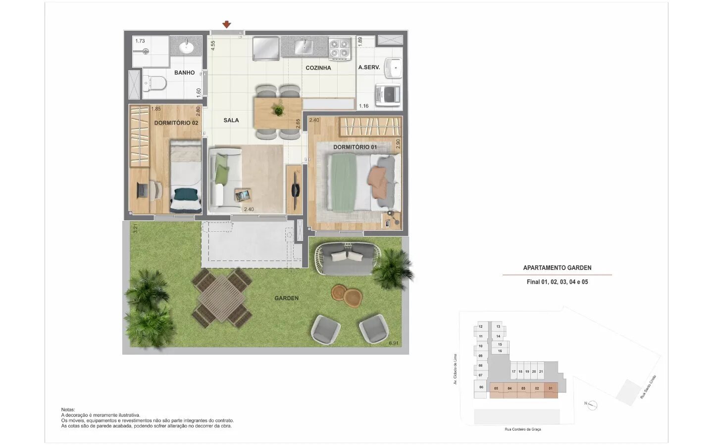 Planta de 2 quartos com garden