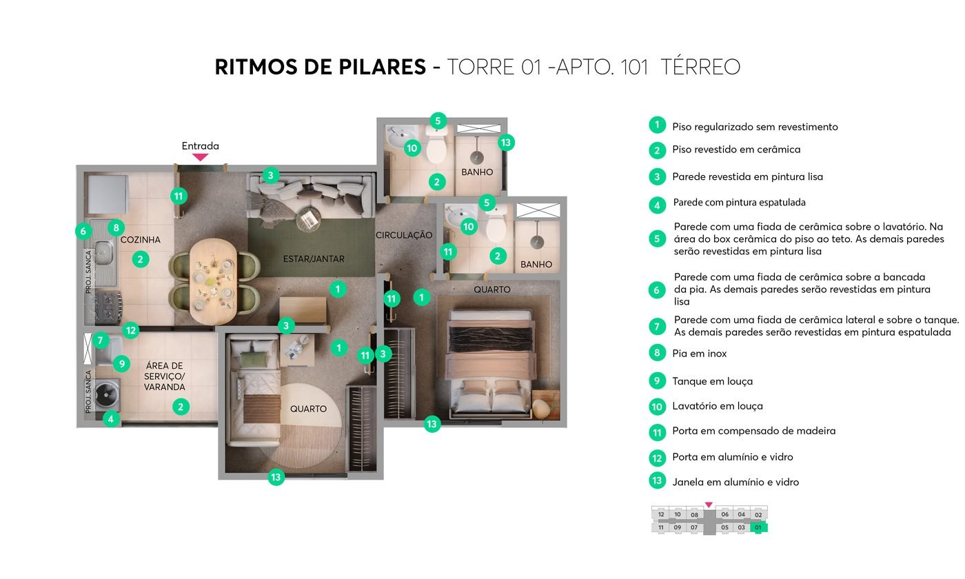 Planta 2 quartos com suite 40 m2 Ritmos de Pilares