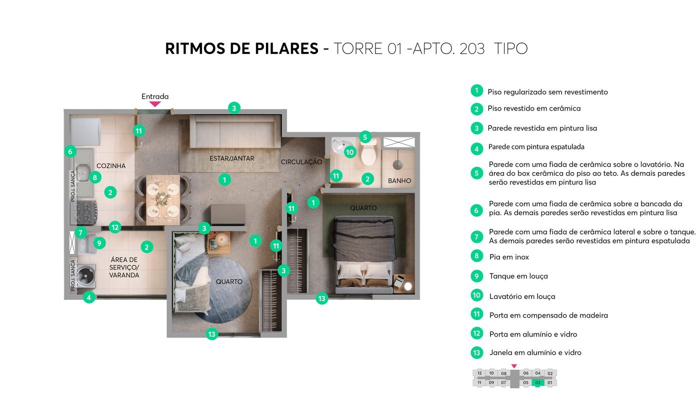 Planta 2 quartos 38 m2 Ritmos de Pilares