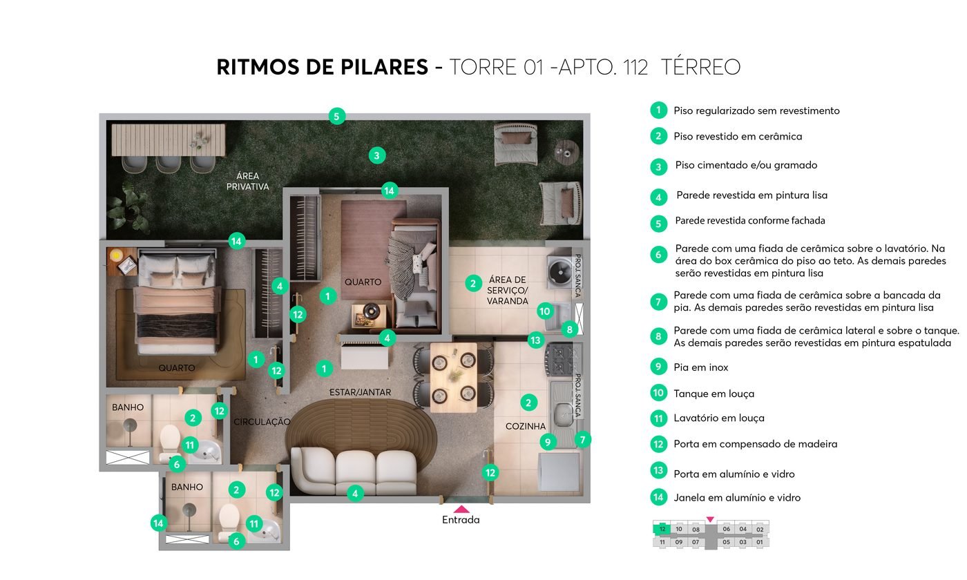 Planta garden 2 quartos 54 m2 Ritmos de Pilares