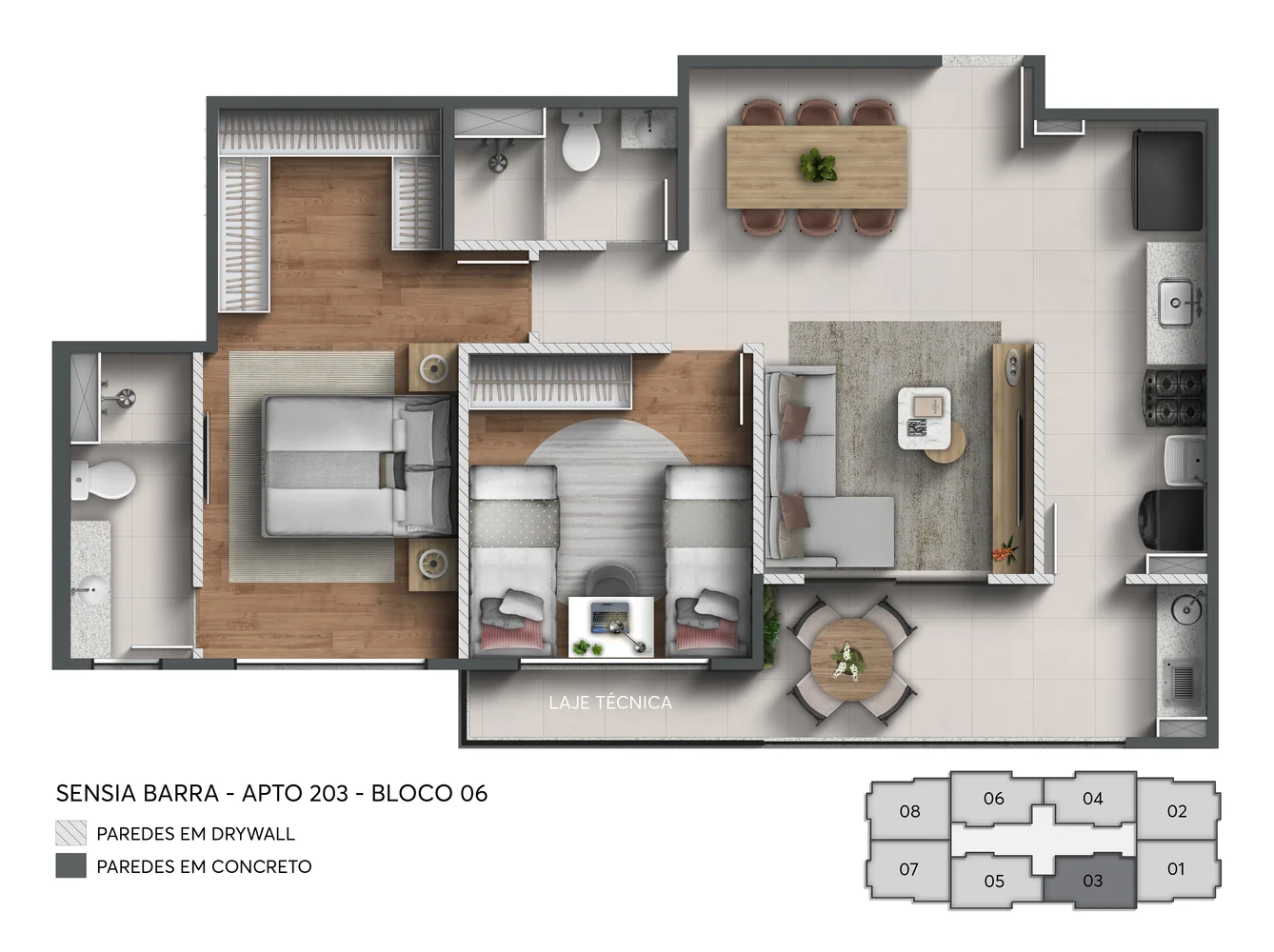 Planta de 2 quartos unidade 203