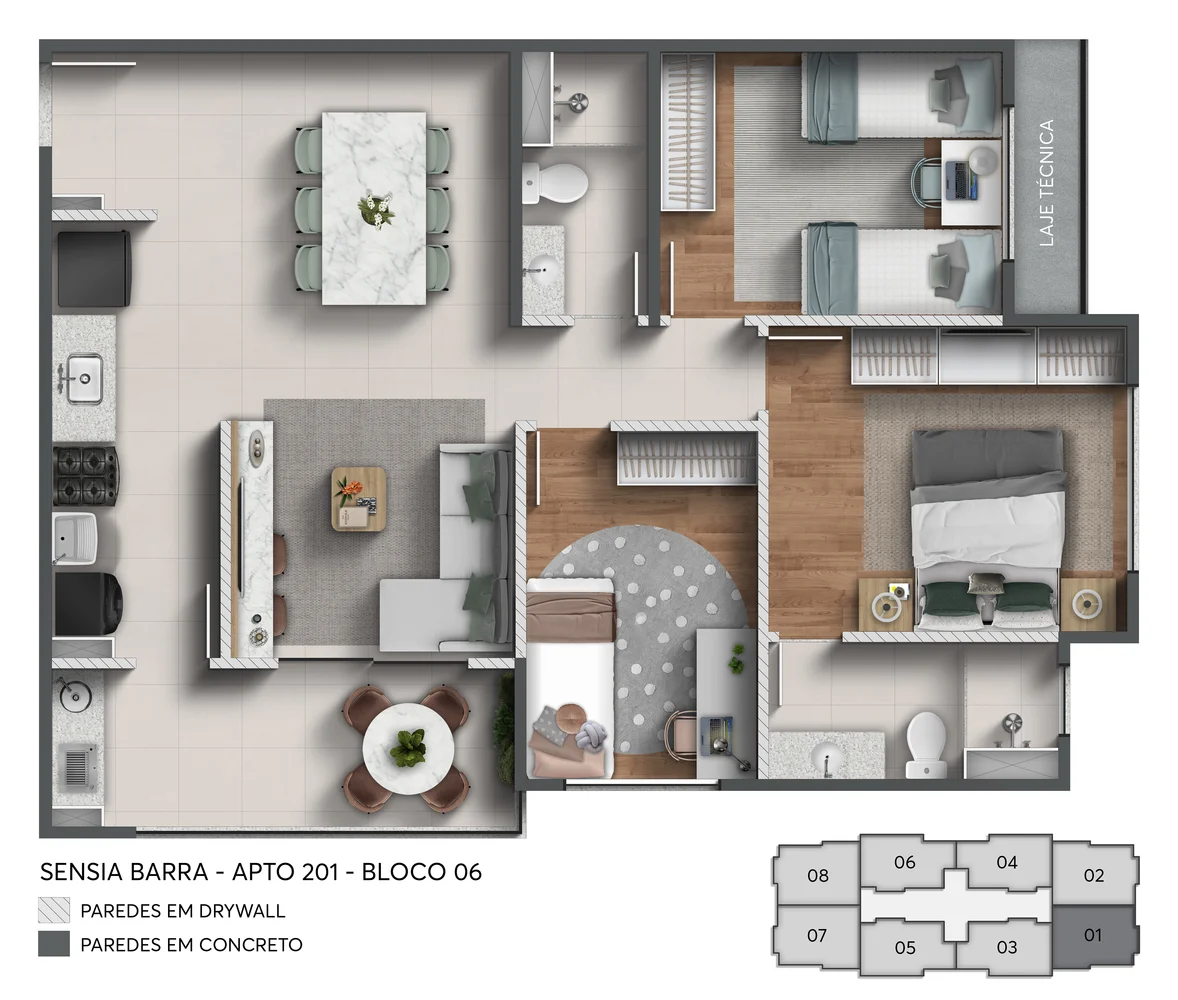 Planta de 3 quartos unidade 201