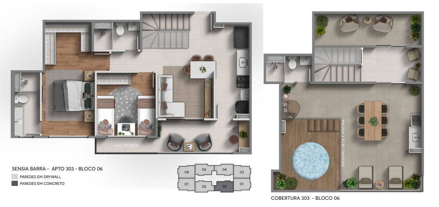 Planta de cobertura de 2 quartos