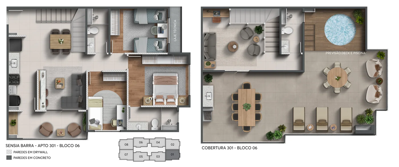 Planta de cobertura de 3 quartos