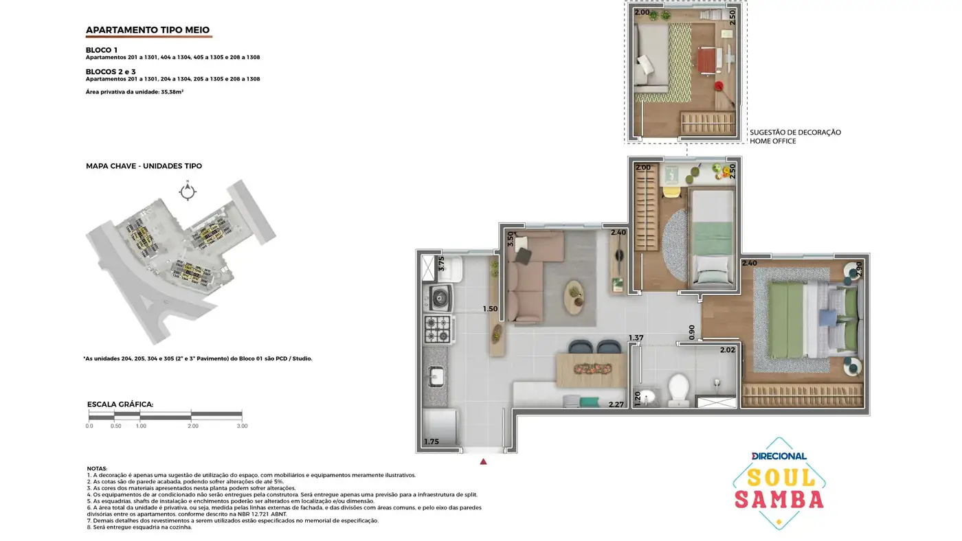 Planta 2 quartos 34 m2 Soul Samba Direcional