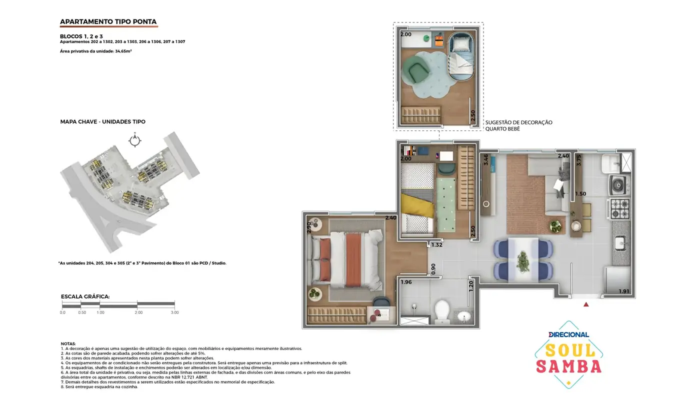 Planta garden 1 quarto 56 m2 Soul Samba Direcional