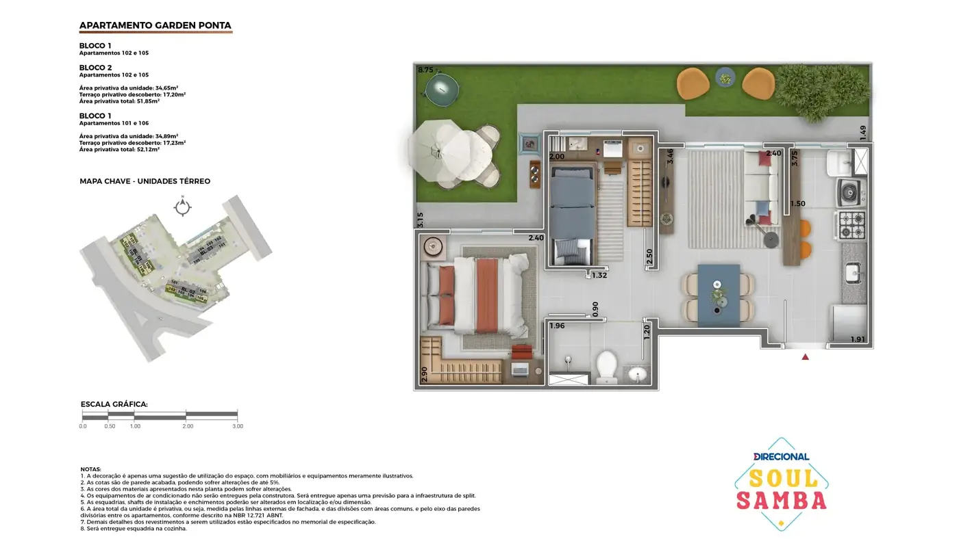 Planta garden 2 quartos 51 m2 Soul Samba Direcional