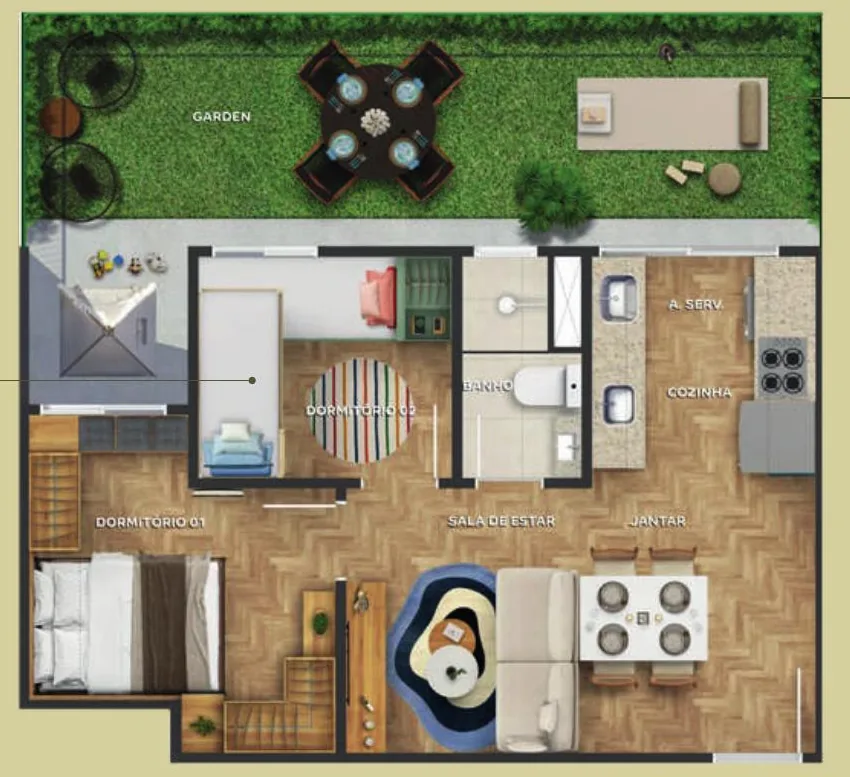 Planta de apartamento de 2 quartos com garden do Soul Taquá Clube