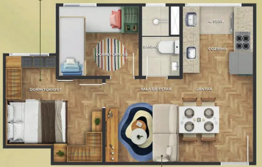 Planta de apartamento tipo de 2 quartos do Soul Taquá Clube