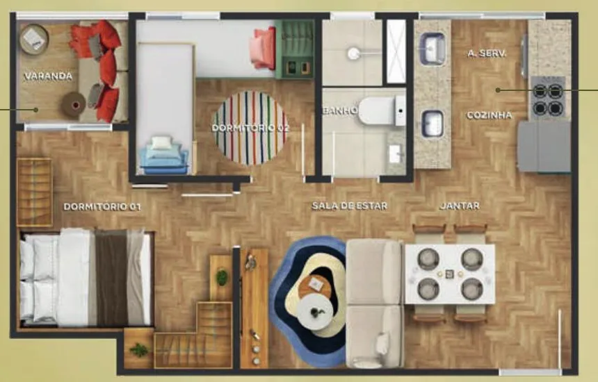 Planta de apartamento de 2 quartos com varanda do Soul Taquá Clube
