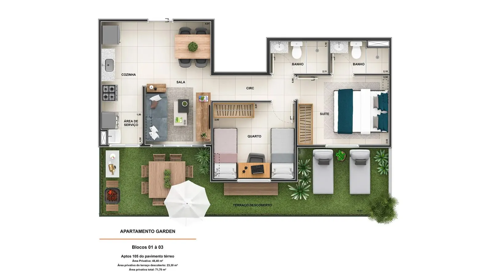 Planta garden, 2 quartos (1 suíte) do Stillo Barra Residencial, 48,40 m² + terraço de 23,30 m²
