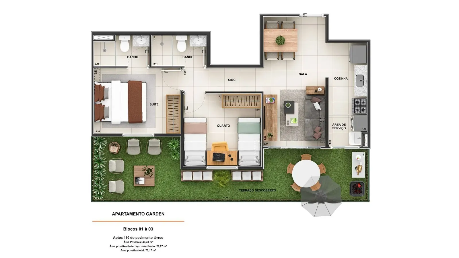 Planta garden, 2 quartos (1 suíte) do Stillo Barra Residencial, 48,40 m² + terraço de 21,27 m²