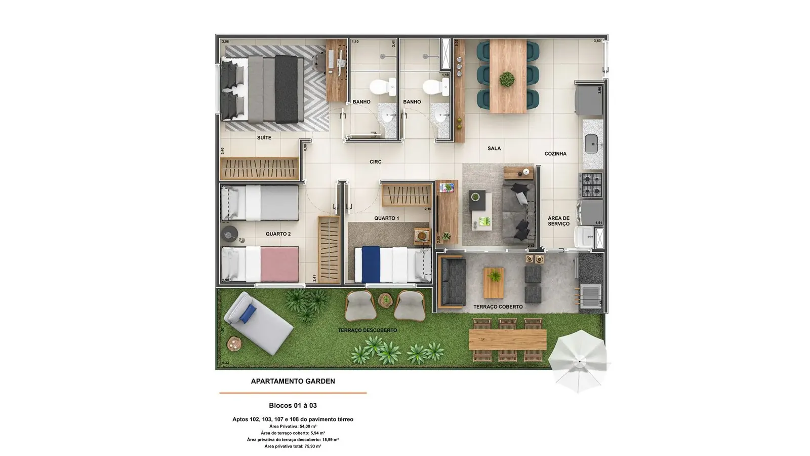 Planta garden, 3 quartos (1 suíte) do Stillo Barra Residencial, 54,00 m² + terraços de 21,93 m²
