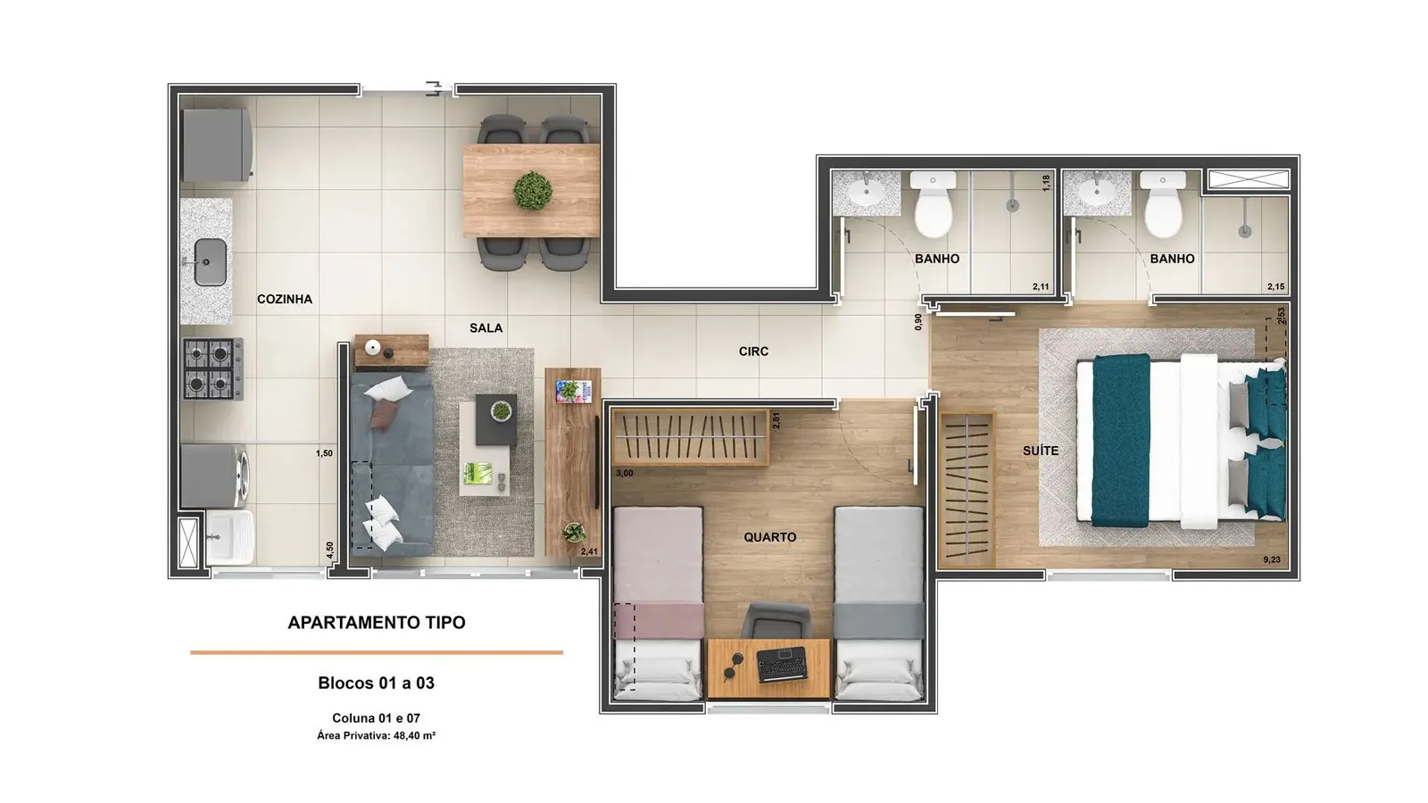 Planta tipo, 2 quartos (1 suíte) do Stillo Barra Residencial, 48,40 m²