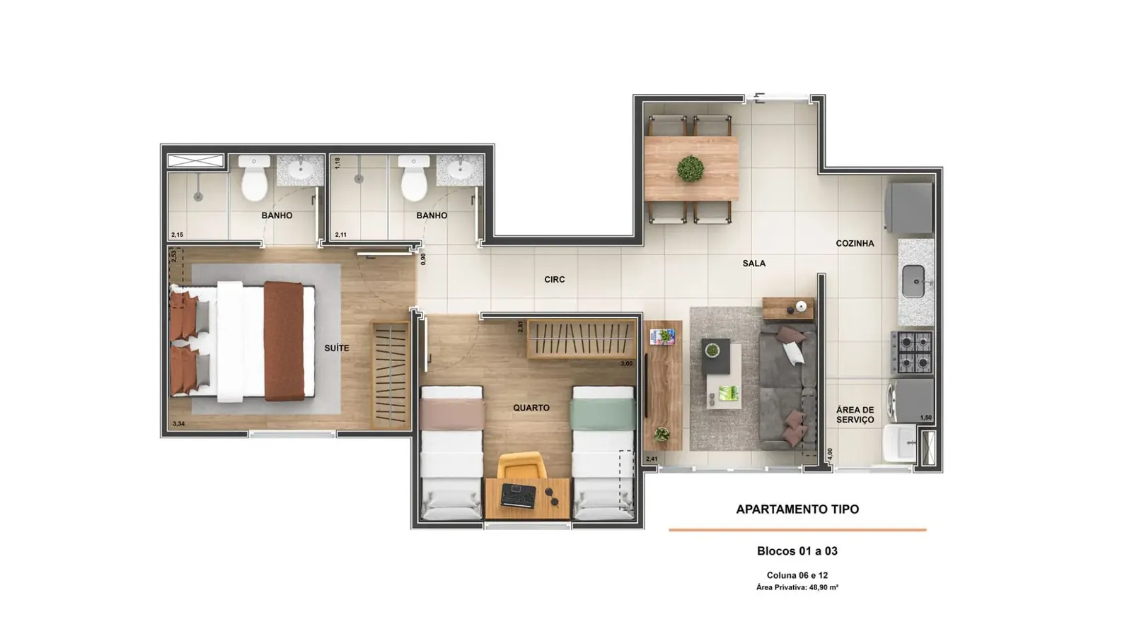 Planta tipo, 2 quartos (1 suíte) do Stillo Barra Residencial, 48,90 m²
