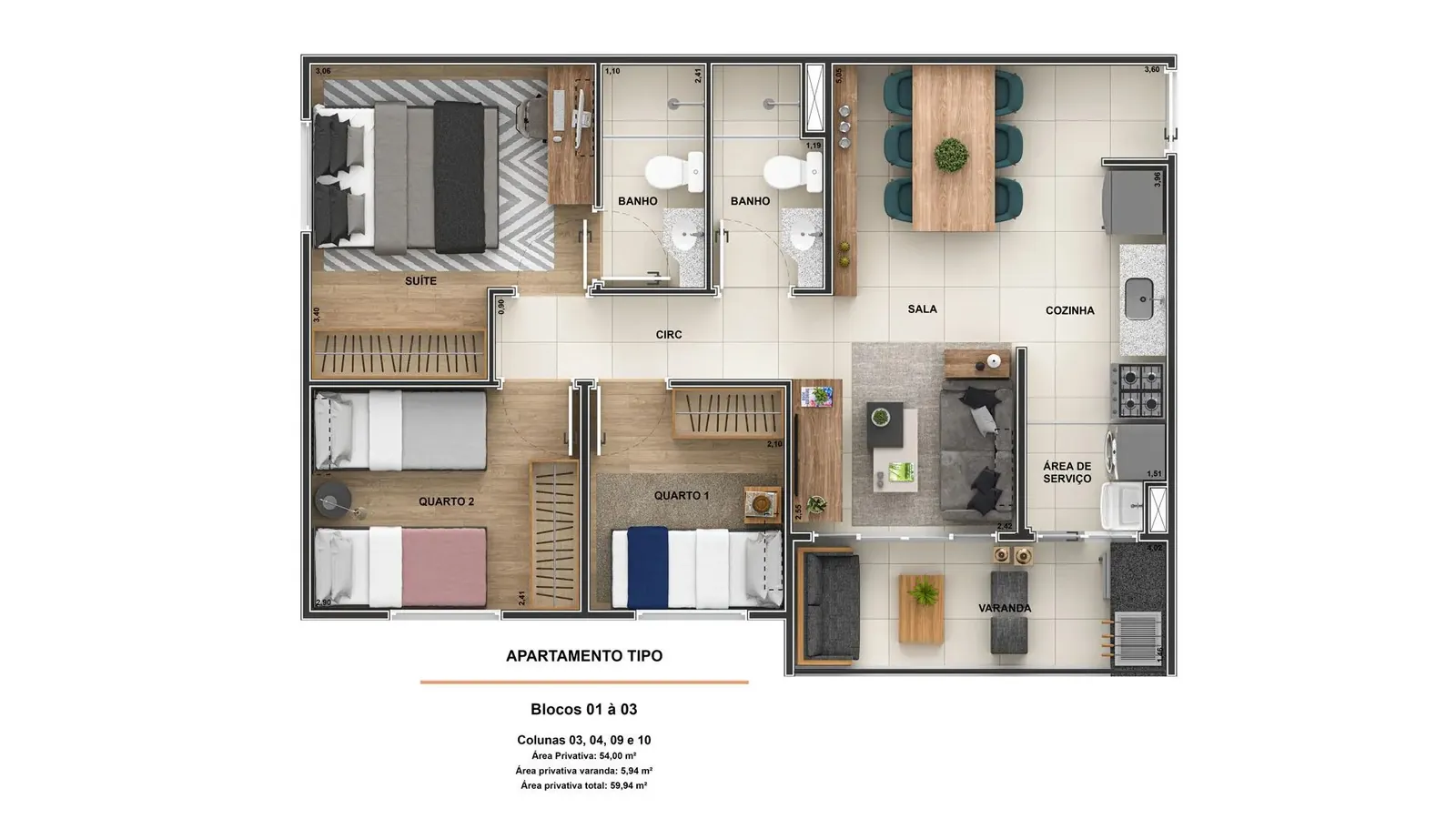 Planta tipo, 3 quartos (1 suíte), com varanda do Stillo Barra Residencial, 54,00 m² + varanda de 5,94 m²