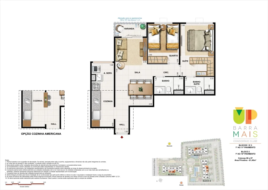 Planta do UP Barra Mais: 2 quartos 61 m²