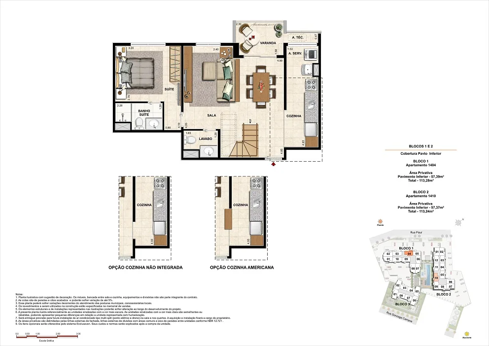 Planta do Up Norte: Cobertura 2 quartos 113 m²