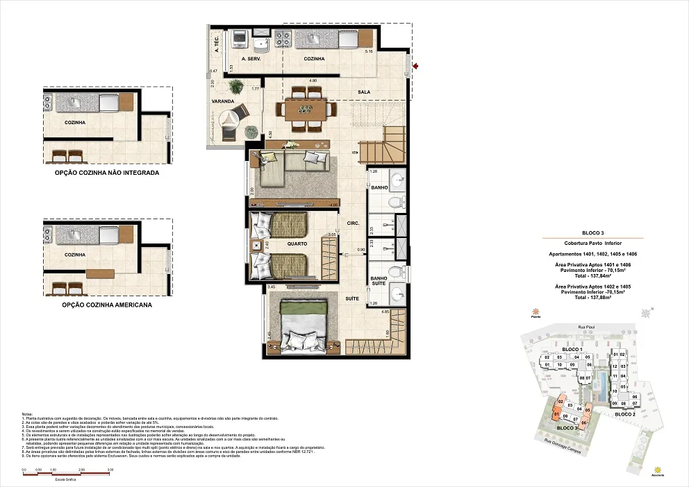Planta do Up Norte: Cobertura 3 quartos 137 m²