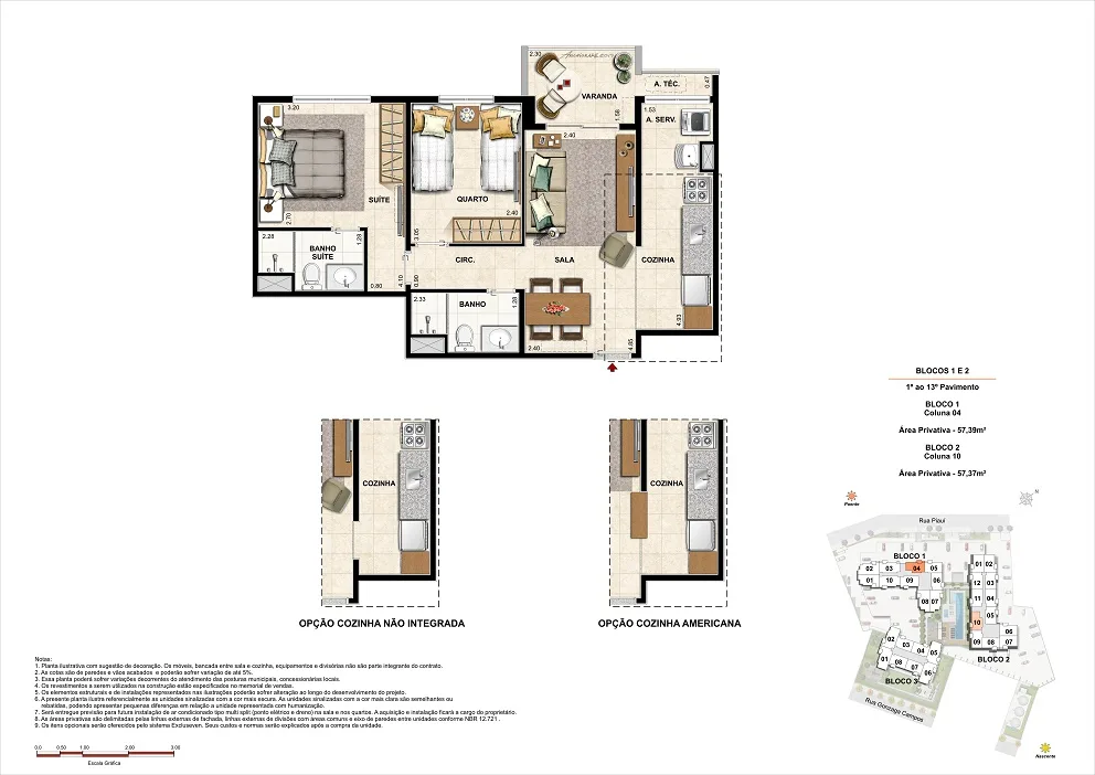 Planta do Up Norte: 2 quartos 57 m²
