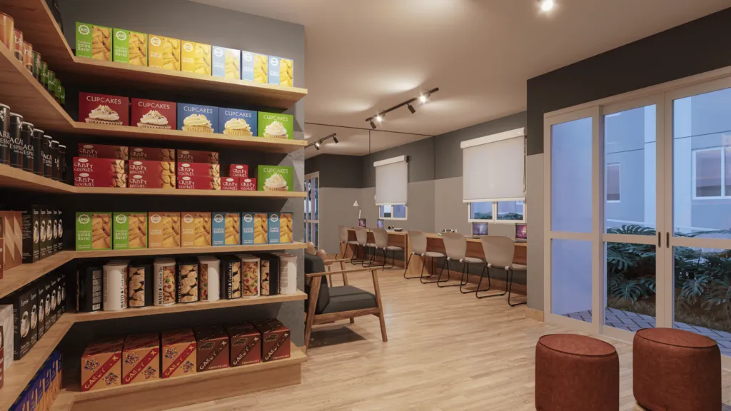 Minimercado, lavanderia e coworking